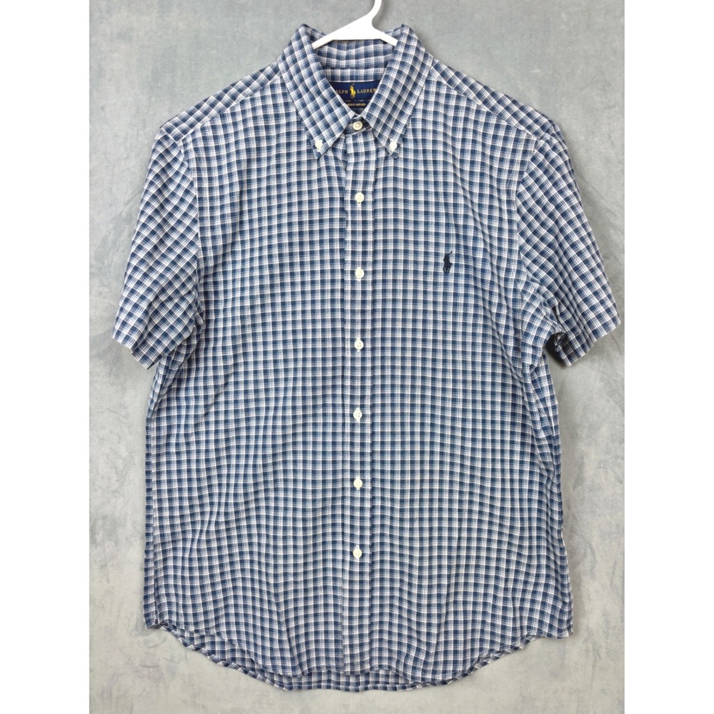 Ralph Lauren Indigo Oxford Shirt Mens Medium Blue Plaid Short Sleeve Button Down